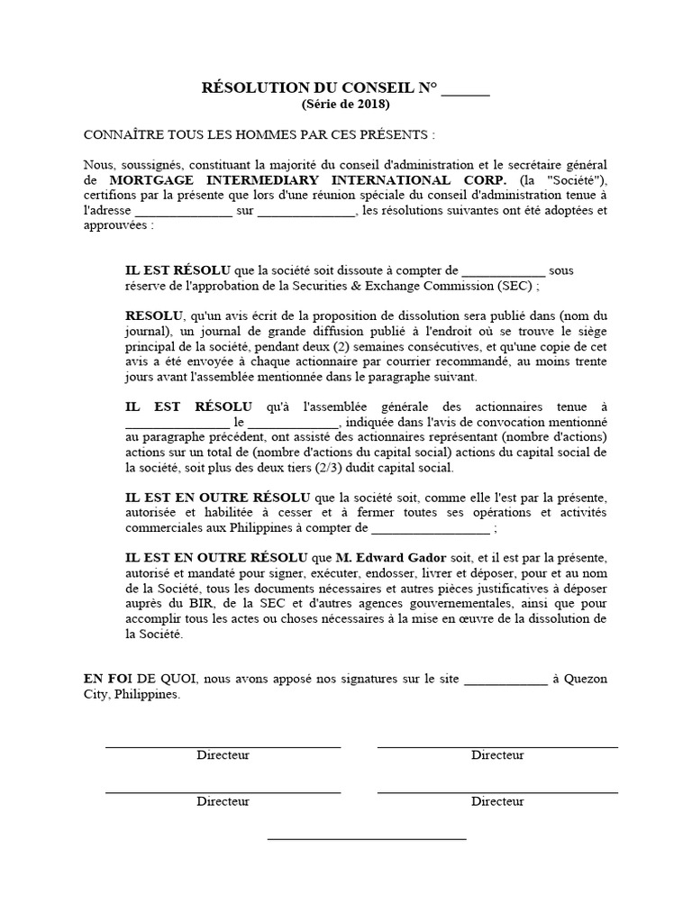 Résolution de dissolution d'entreprise | PDF | Gouvernement