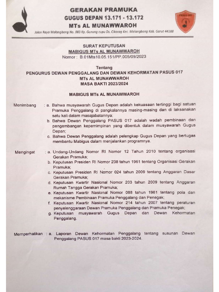 SK Pengurus Dewan Penggalang PASUS 017 2023 | PDF