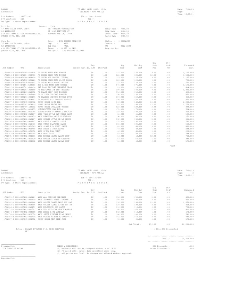 Purchase Order for Noodles and Sauces | PDF | Sauce | Food And Drink