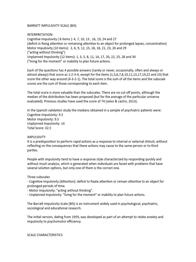 Barratt Impulsivity Scale Overview | PDF | Impulsivity | Cognitive Science