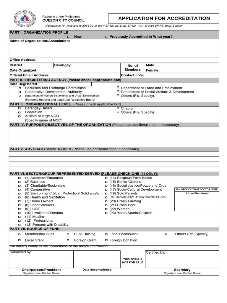 Quezon City Accreditation Application Form | PDF | Non Governmental ...