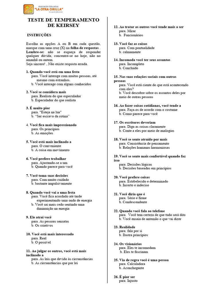 Teste De Temperamento De Keirsey Para Fazer PDF