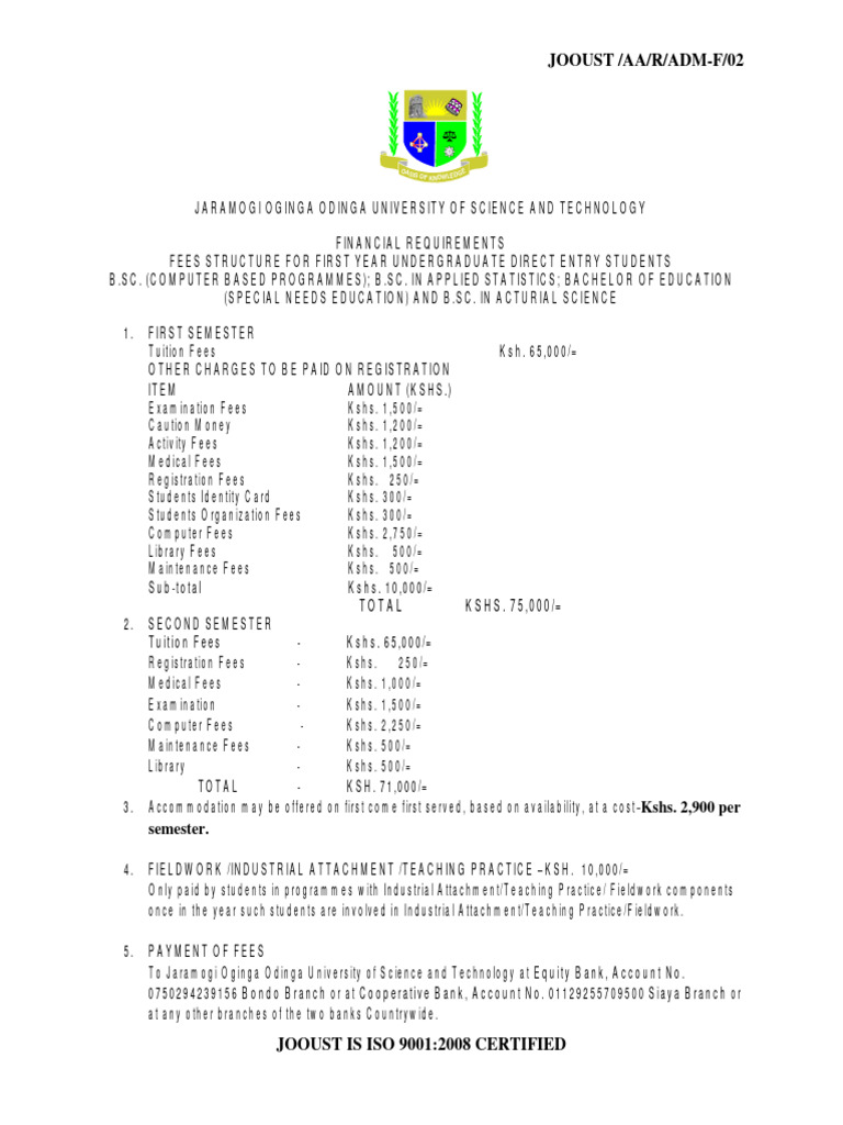 JOOUST Fee Structure for First-Year Students | PDF