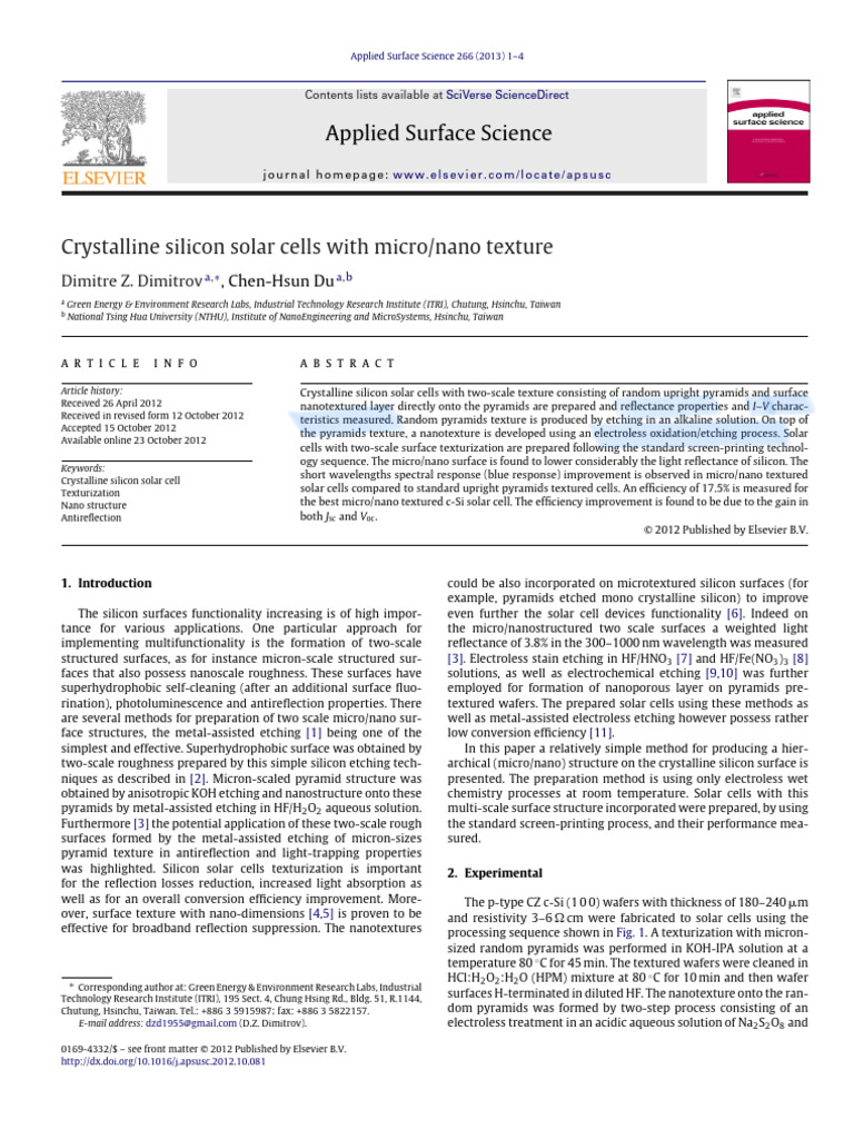Micro/Nano Textured Solar Cells | PDF | Solar Cell | Wafer (Electronics)
