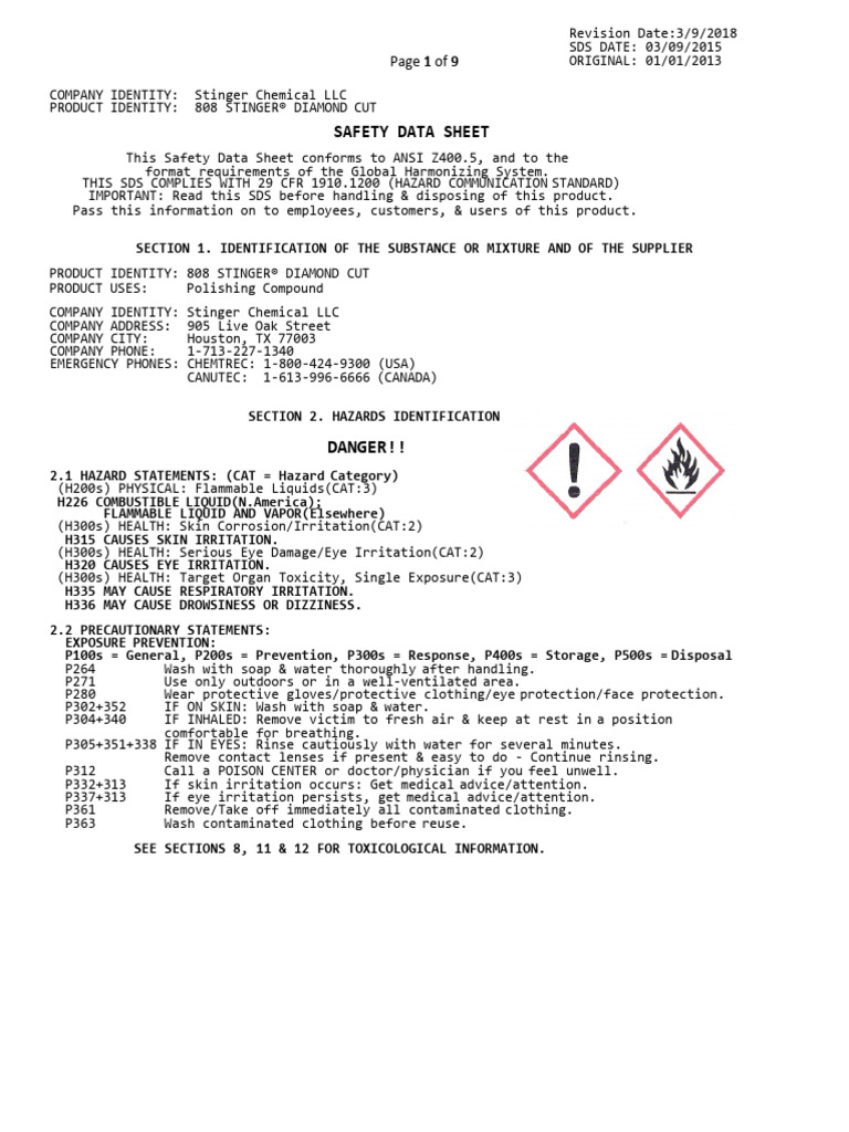 SDS 808 STINGER DIAMOND CUT POLISH 2018 p65 PDF Waste Polyvinyl