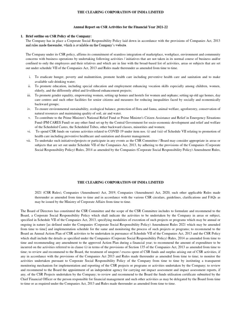 CCIL CSR Activities Report 2021-22 | PDF | Corporate Social ...