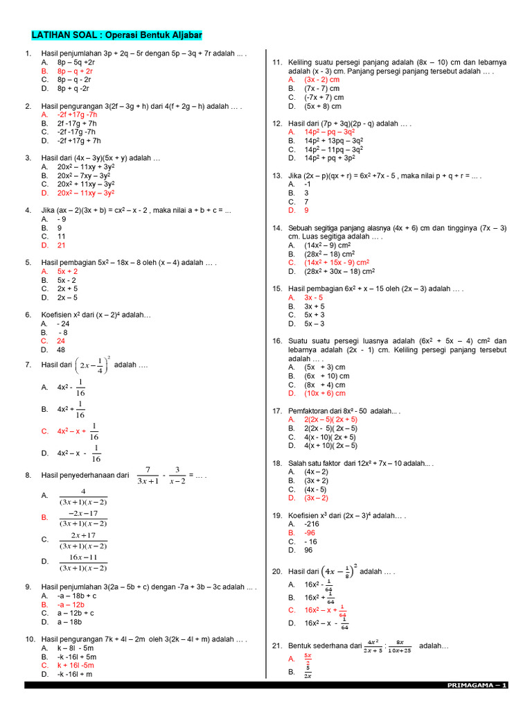 Aljabar - MAT - SOAL EVALUASI - 7P | PDF