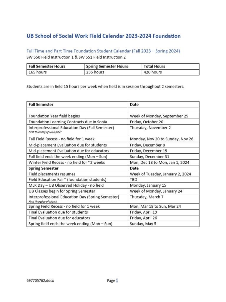 UB School of Social Work Field Calendar 20232024 Foundation Fall