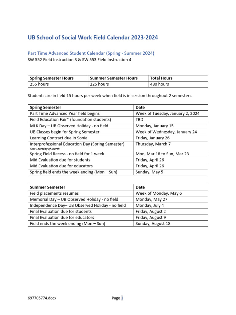 UB School of Social Work Field Calendar 2023-2024 Advanced Spring Summer |  PDF