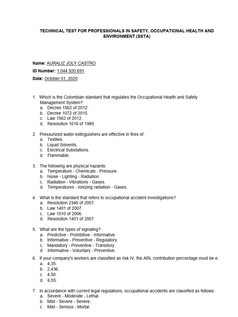 Professional technical test in osh pdf occupational safety and