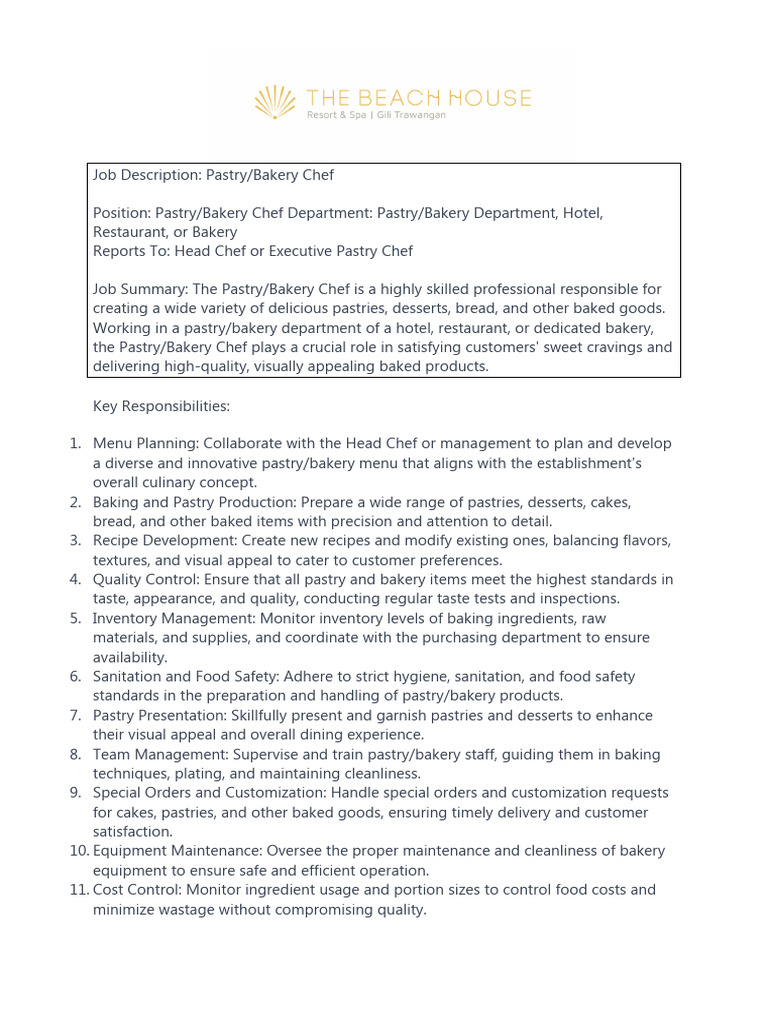 Pastry/Bakery Chef Job Description | PDF | Baking | Bakery