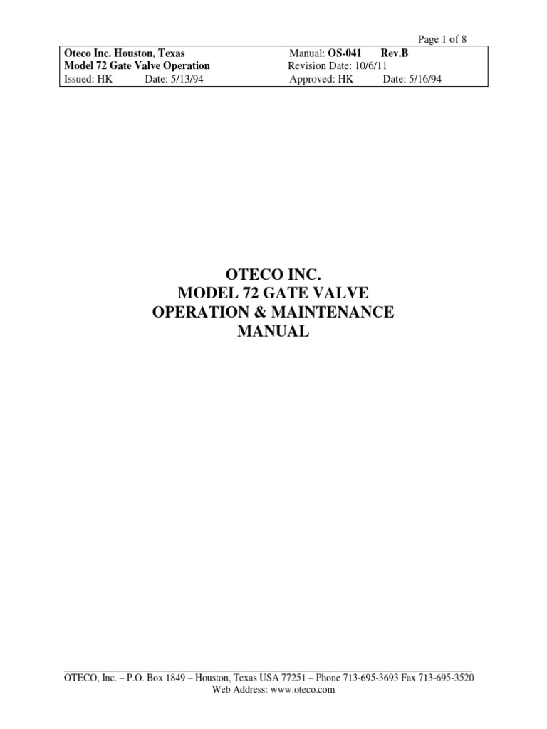 OTECO Model 72 Gate Valve Manual | PDF | Technology & Engineering