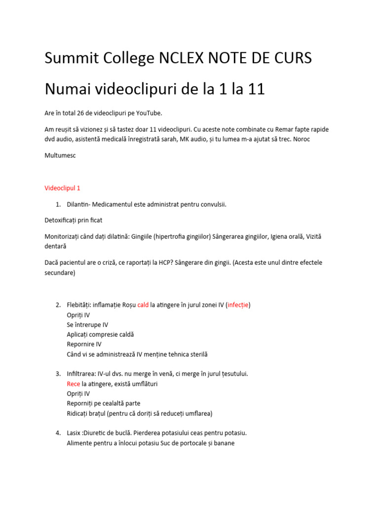 Summit College NCLEX NOTE DE PRELEGERE VIDEO 1-11 | PDF