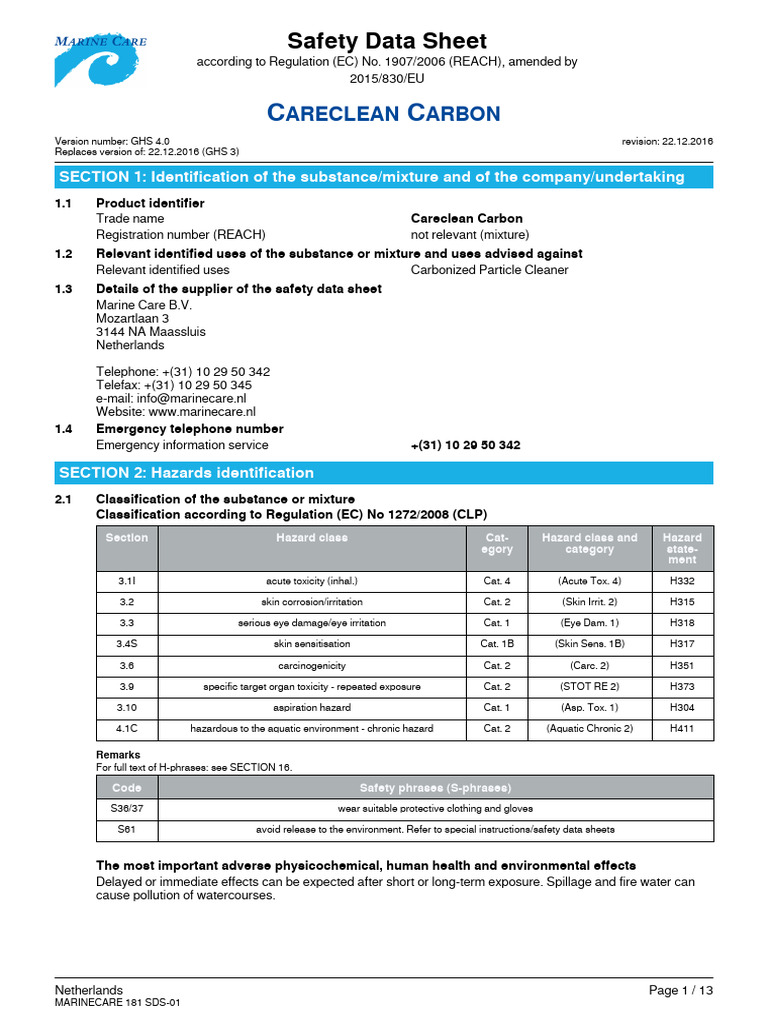 Careclean Carbon Safety Data Sheet | PDF | Dangerous Goods | Toxicity