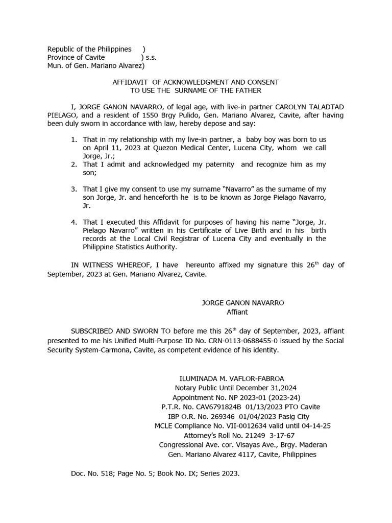 Affidvit of admission to use family name of father pdf affidavit