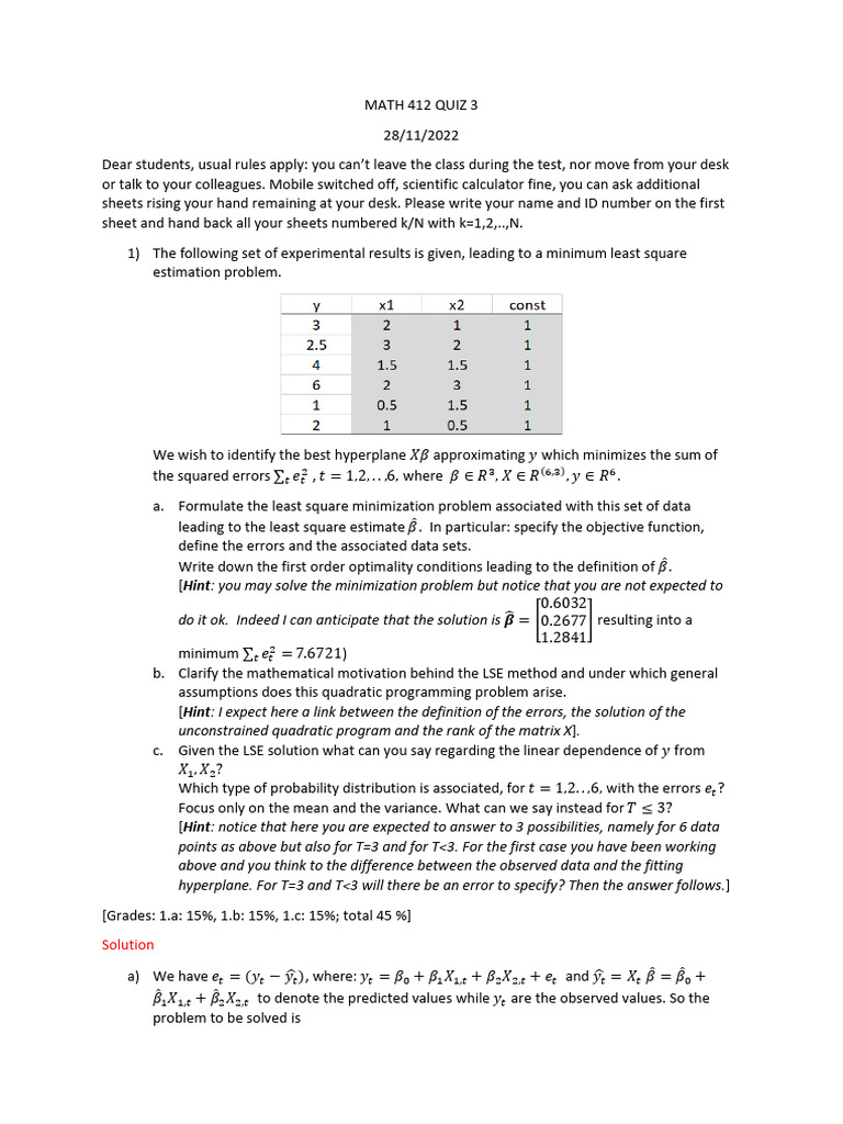 MATH412 QUIZ 3 Solution | PDF | Least Squares | Errors And Residuals