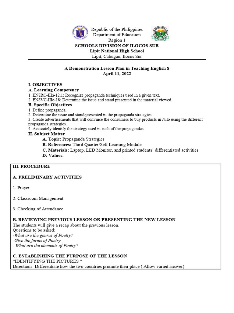 Grade 8 demo teaching third quarter pdf propaganda lesson plan