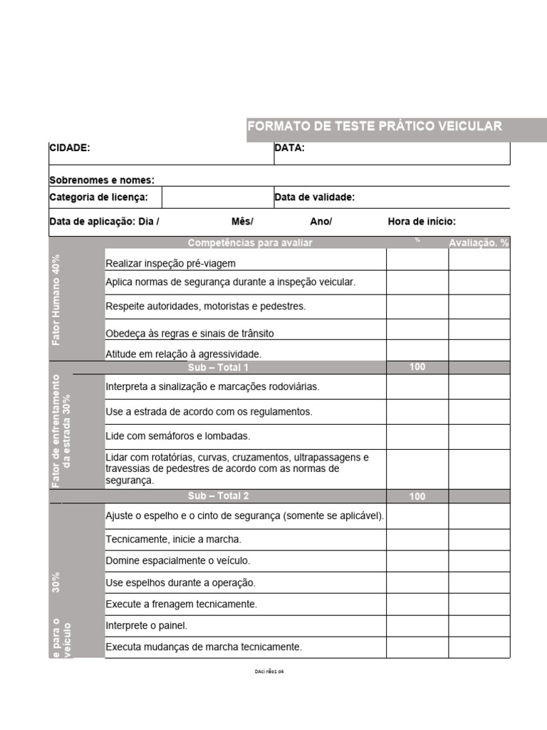 Formato Prático De Teste De Condução Pdf