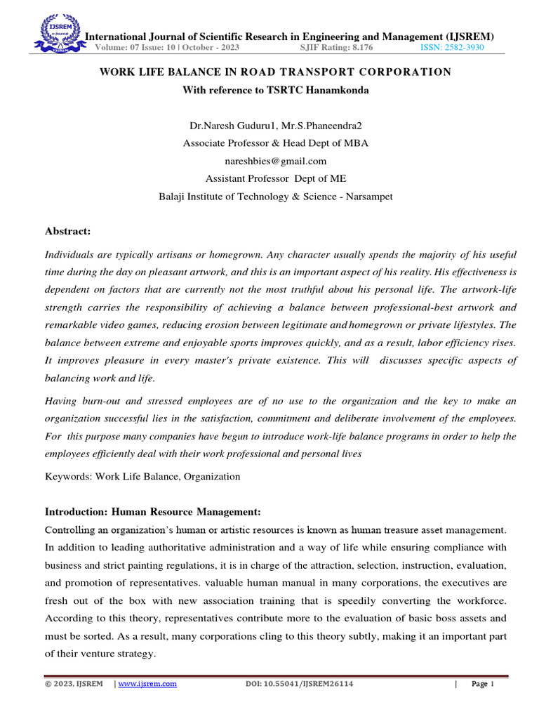 Work Life Balance in Road Transport Corporation | PDF | Career & Growth