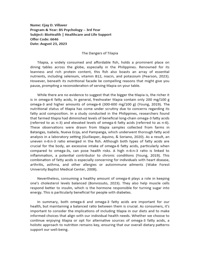 The Dangers of Tilapia PDF Omega 3 Fatty Acid Clinical Medicine