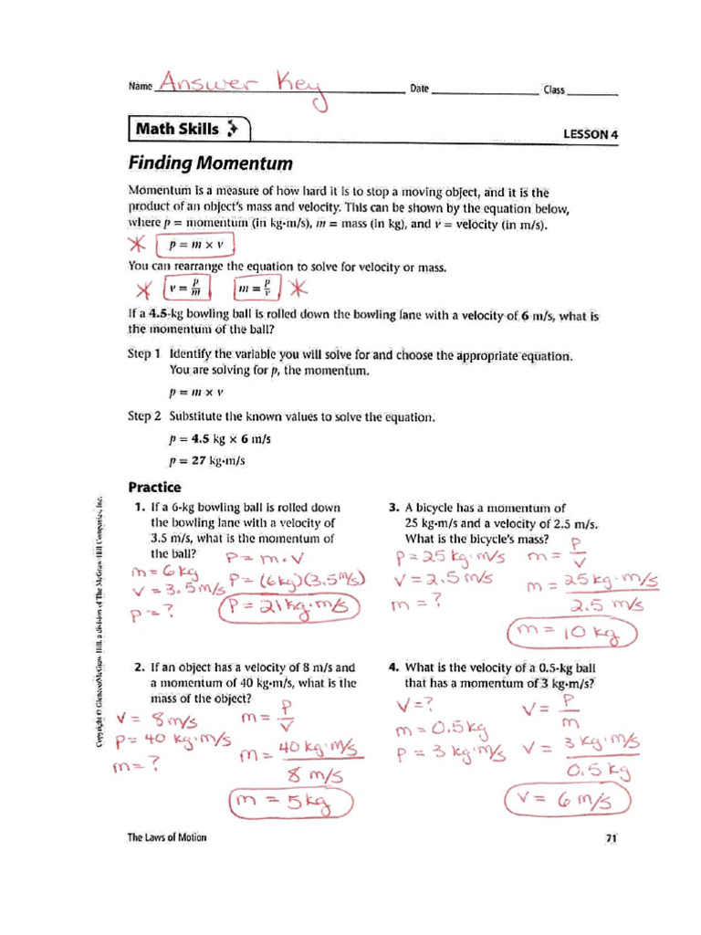 Momentum Worksheet Answer Keys PDF