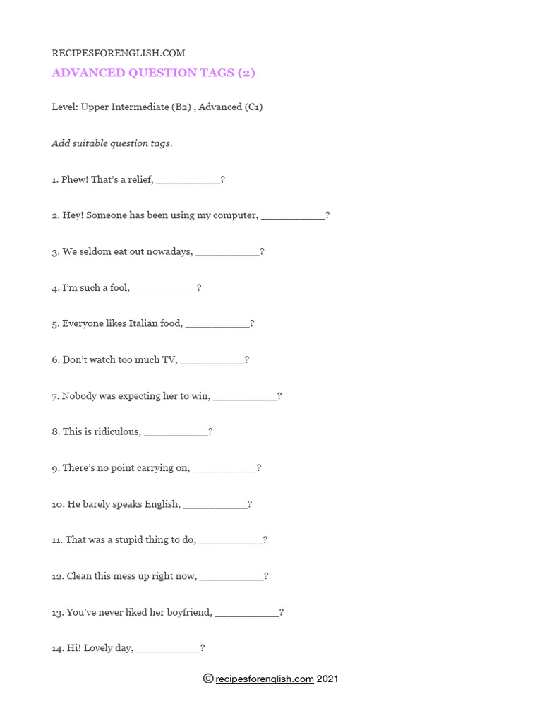 Advanced Question Tags Exercises | PDF
