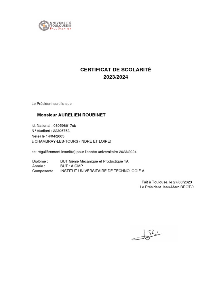 Certificat de Scolarité B1PTZE 2023-2024 AURELIEN ROUBINET | PDF