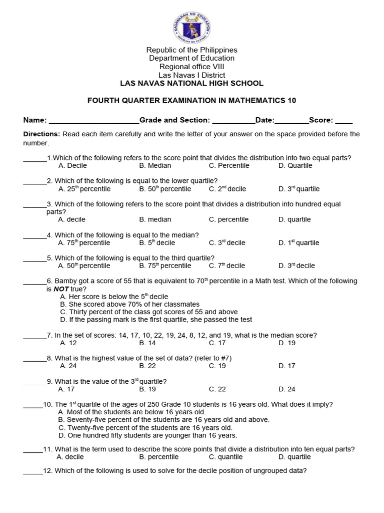 4th Quarter Exam in Mathematics 10 Final 20222023 PDF