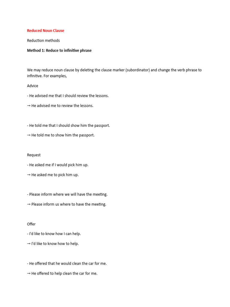 Noun Clause Reduction Guide | PDF | Language Arts & Discipline