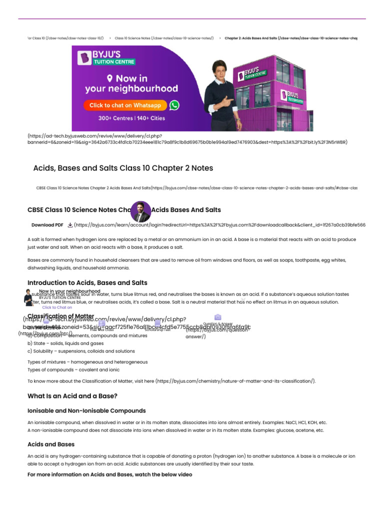 Class 10 Chapter 2 Science Notes Acids, Bases, and Salts | Download ...