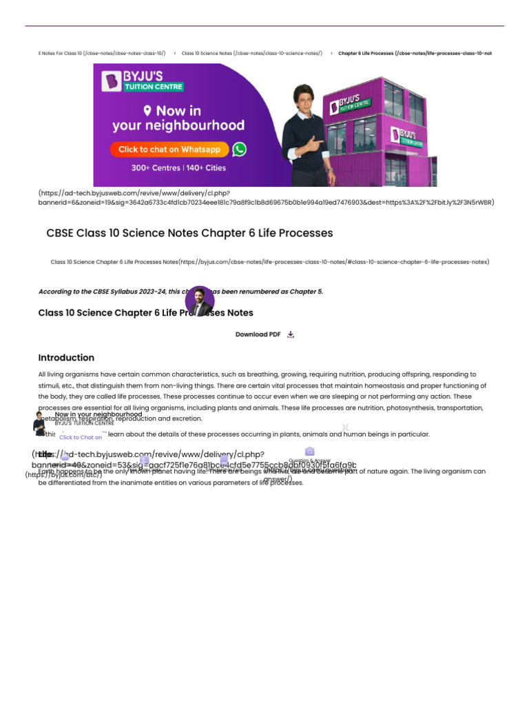 Class 10 Life Processes Notes PDF | PDF | Digestion | Small Intestine