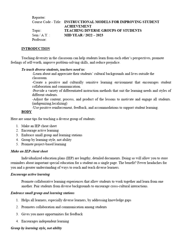 Instructional Models For Improving Student Achievement | PDF | Self ...