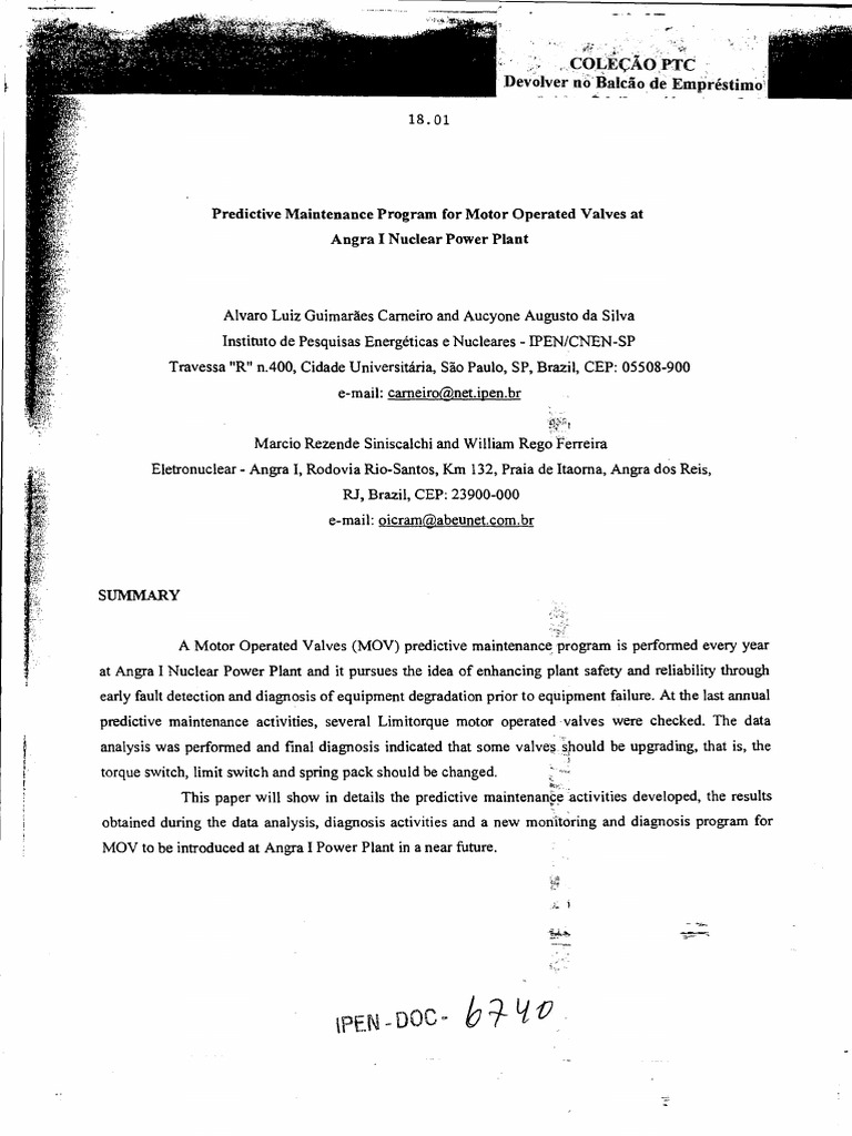 Predictive maintenance program for motor operated valves at angra i