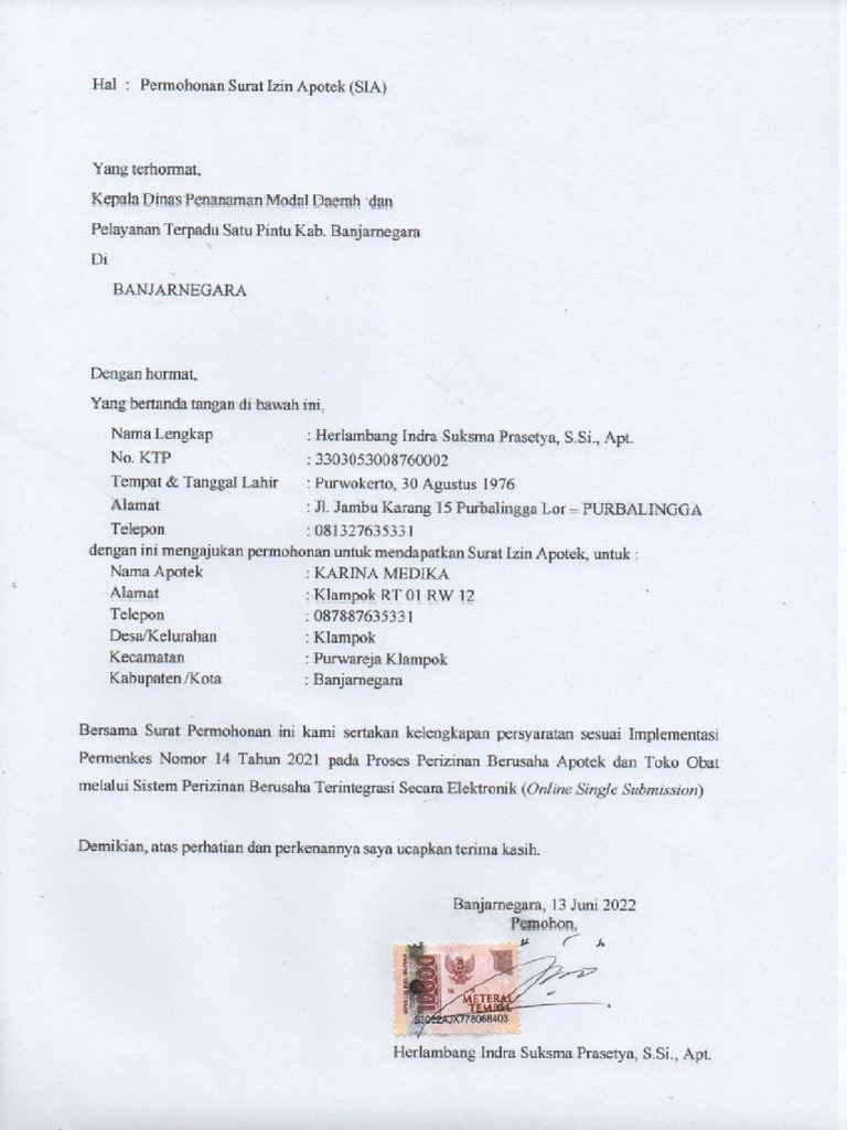 Permohonan SIA Apotek KARINA MEDIKA TTD | PDF