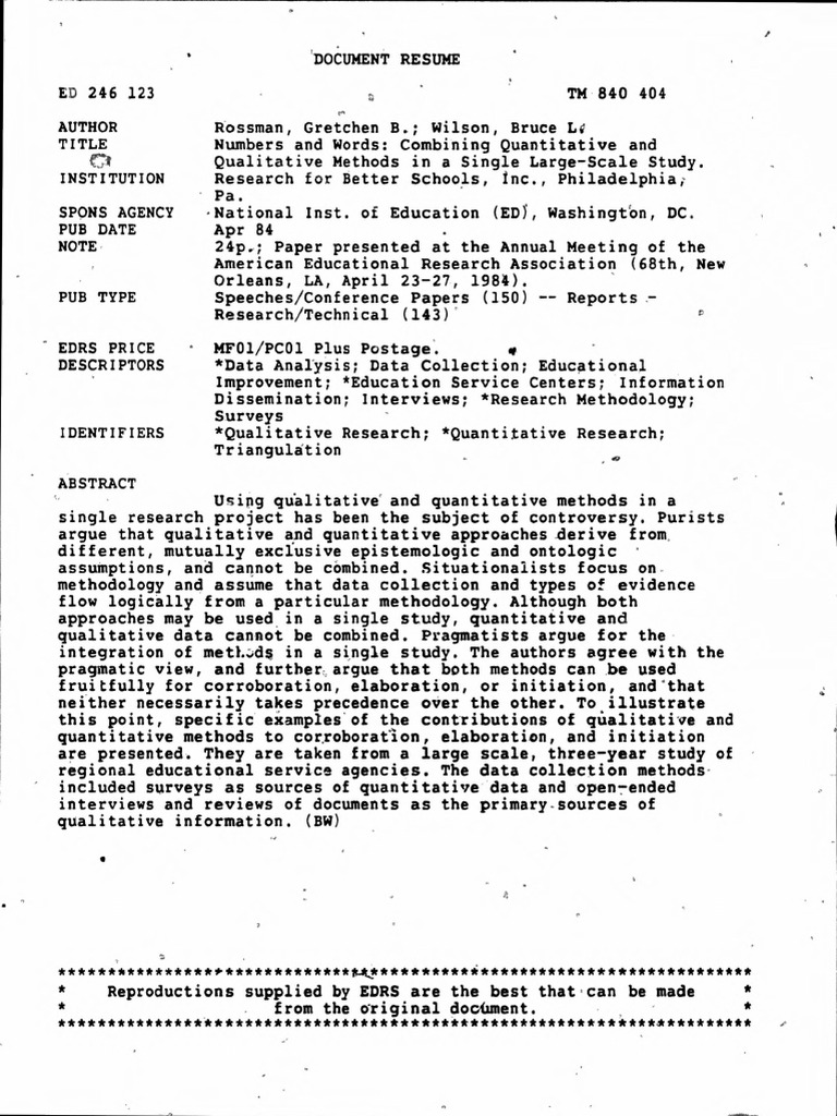 NUMBERS AND WORDS Combining Quantitative And Qualitative Methods In A 