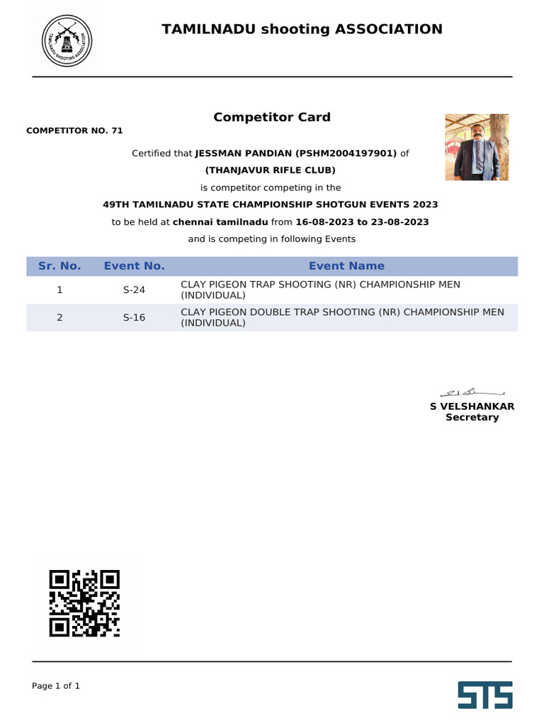 Competitor Card for Tamil Nadu Championship | PDF