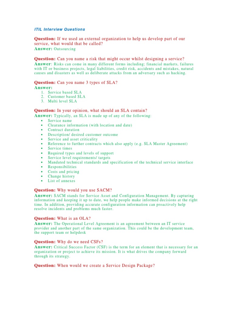 Itil Interview Questions Service Level Agreement Itil