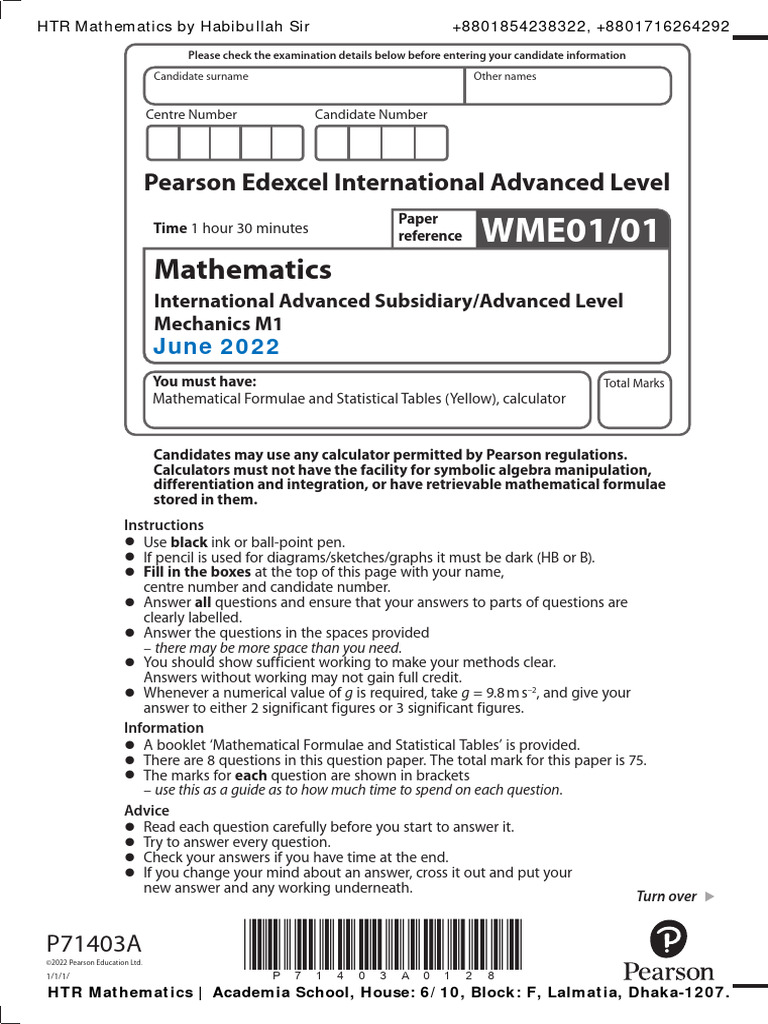 Mechanics M1 Exam Paper - June 2022 | PDF | Force | Mass