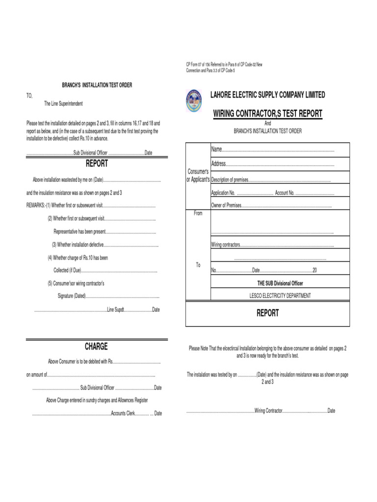 Wiring Contractor, S Test Report PDF Electrical Conductor