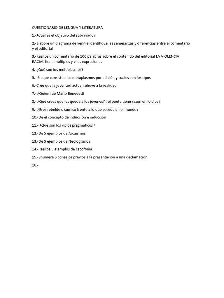 Cuestionario de Lengua y Literatura | PDF
