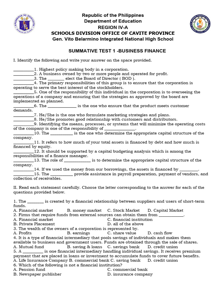 Business Finance Test | PDF | Bonds (Finance) | Financial Capital