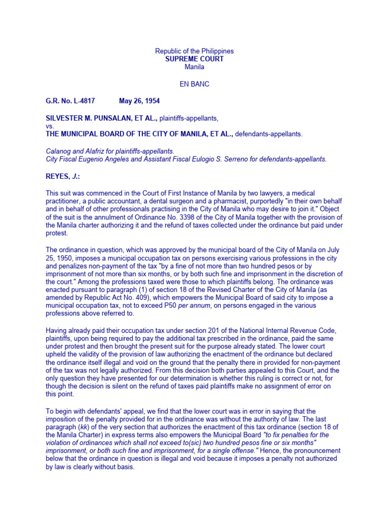 Manila Occupation Tax Ordinance Ruling | PDF | Taxes | Fine (Penalty)