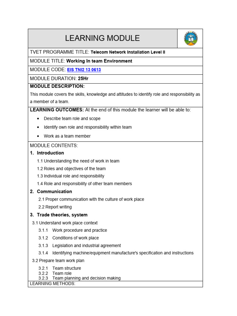 Work in Team Environment Learning Module | PDF | Learning | Educational ...