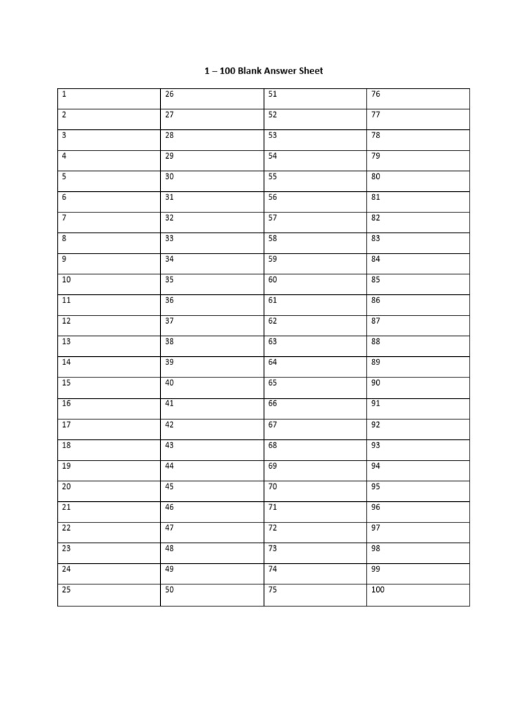 Printable Answer Sheets 1 100 Blank Answer Sheet By Kyle Charters