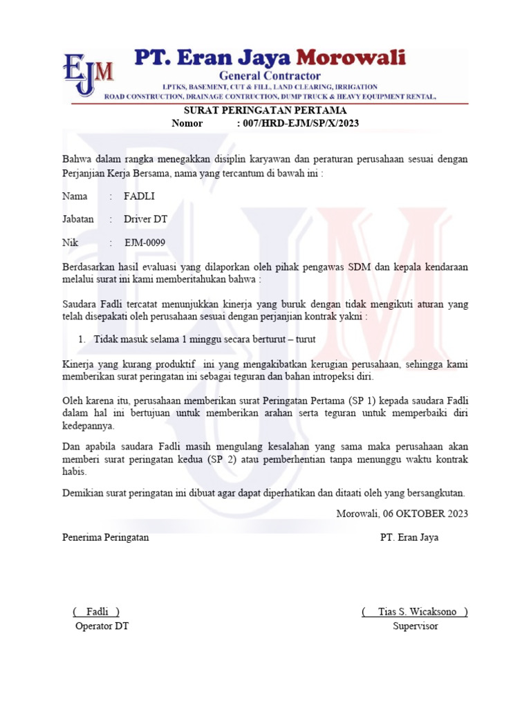 Surat Peringatan Pertama untuk Fadli | PDF