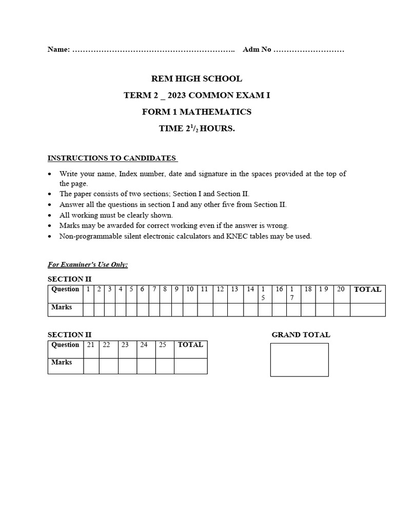 Rem Form 1 Maths PDF Mathematics