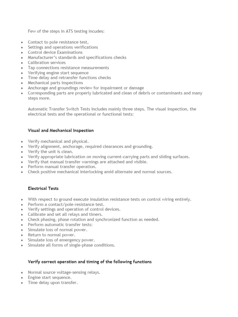 ATS Testing Procedures and Guidelines | PDF | Switch | Engineering