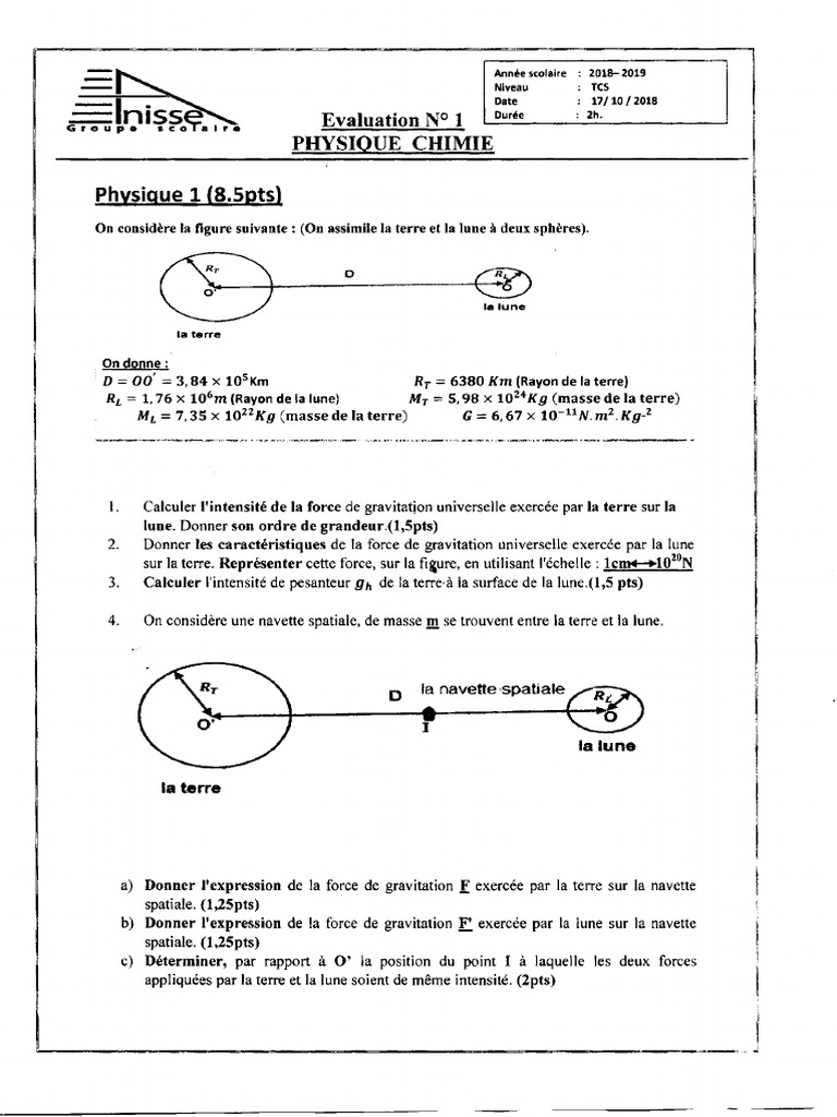 Devoir 1 Physique Et Chimie Tronc Commun 1er Semestre Sections ...