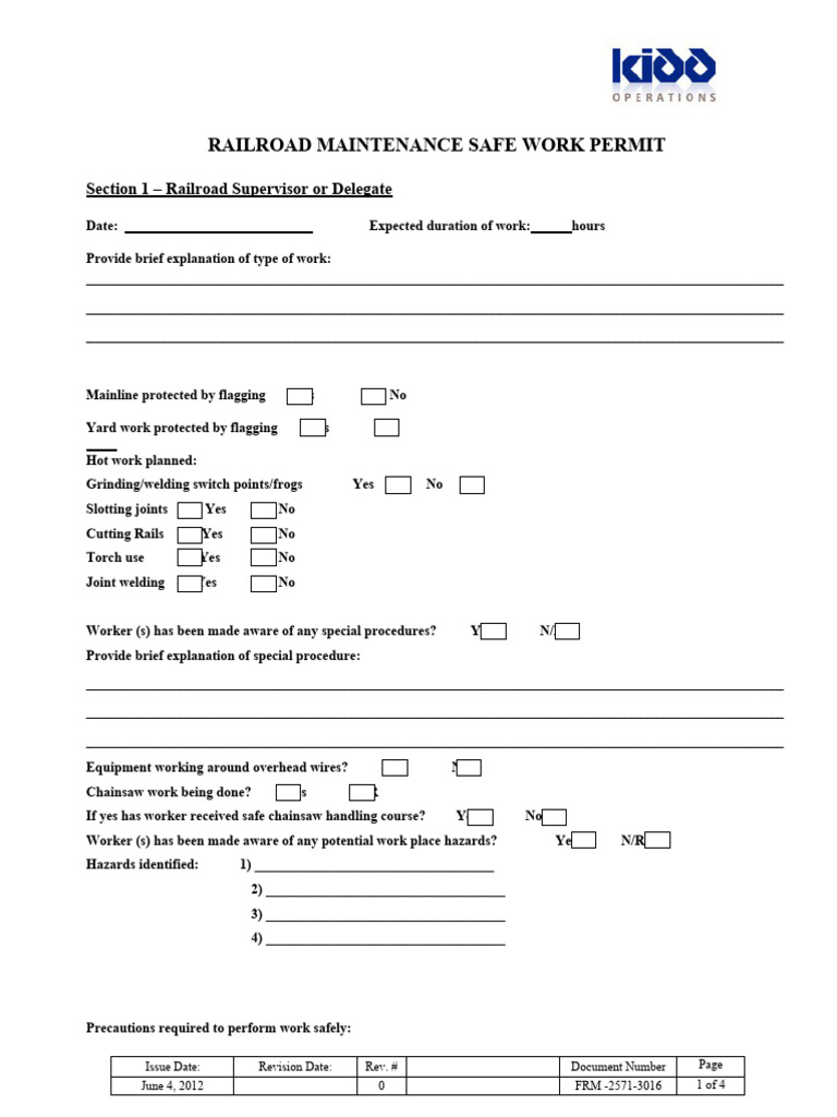 FRM25713016 Railroad Maintenance Safe Work Permit PDF Rail