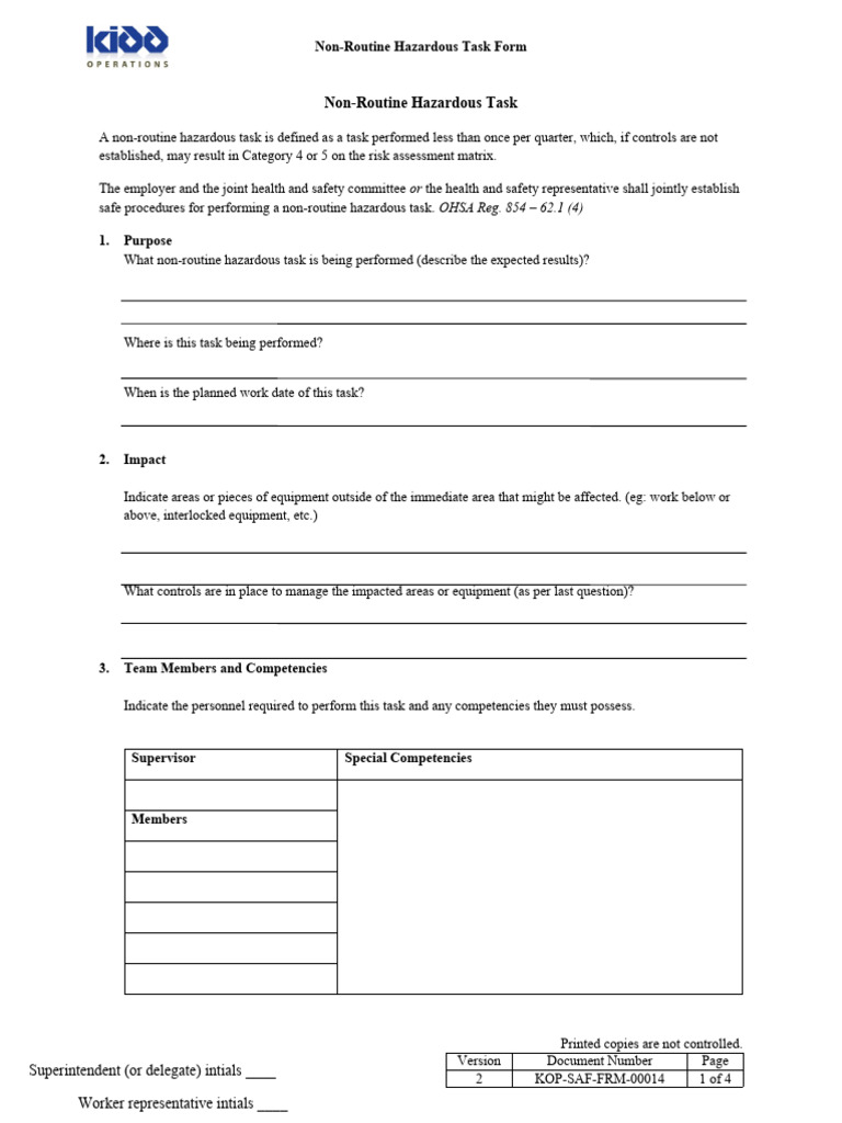 KOP-SAF-FRM-00014 Non-Routine Hazardous Task Form | Download Free PDF ...